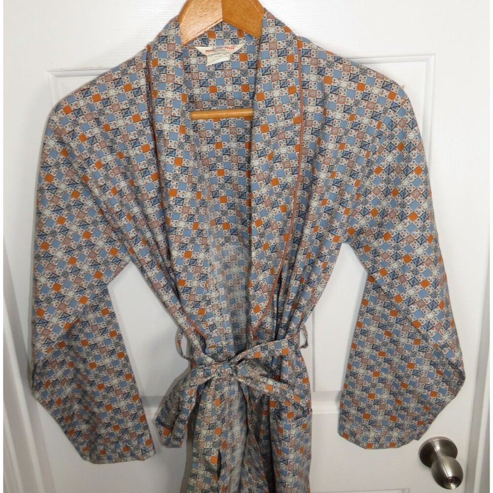 VTG 70s Bohemian Retro Permanent Press Robe M Paisley Medium Floral Gingham Mens